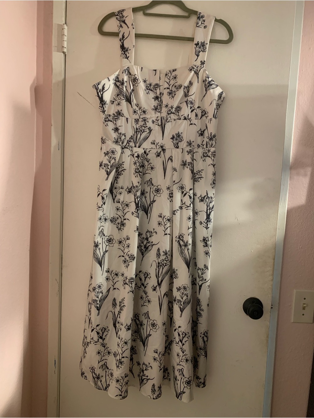 Floral Square-Neck White and Black Midi Dress